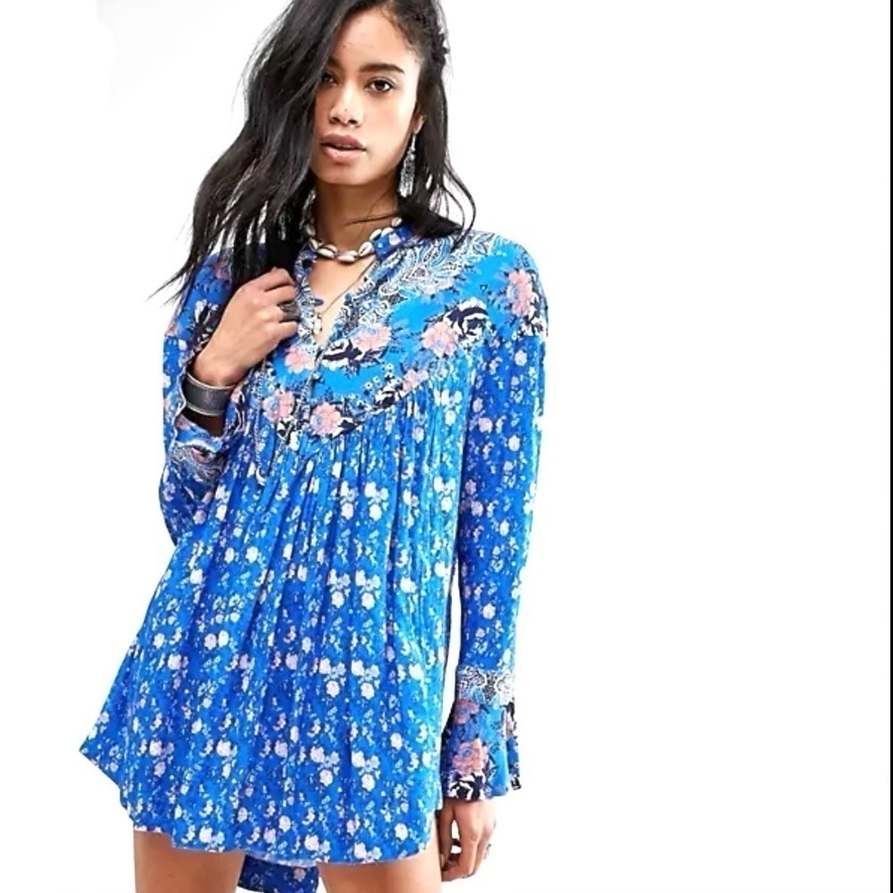 Free People Wildflower Fields Tunic Blue Spring Floral Boho Patchwork Mini Dress